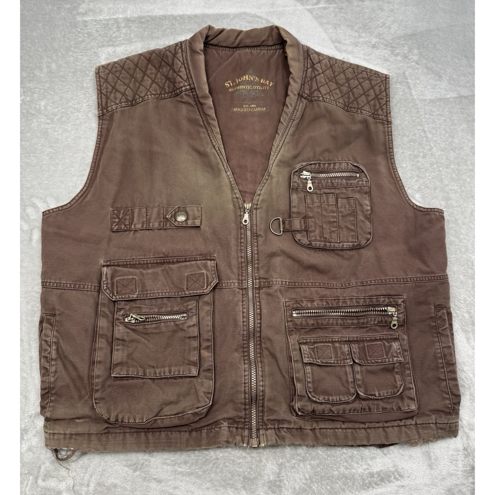 St Johns Bay Utility Vest Mens 2XL XXL Brown Rugged Canvas Safari Cargo Retro